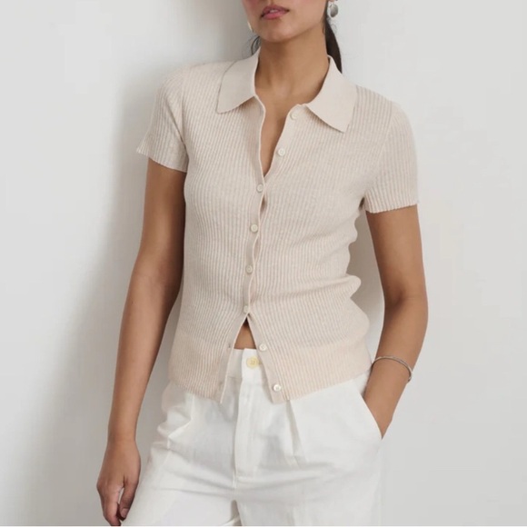 Alex Mill Suzanne Short sleeve Cream Ribbed Button-Up Top XL - Picture 1 of 7